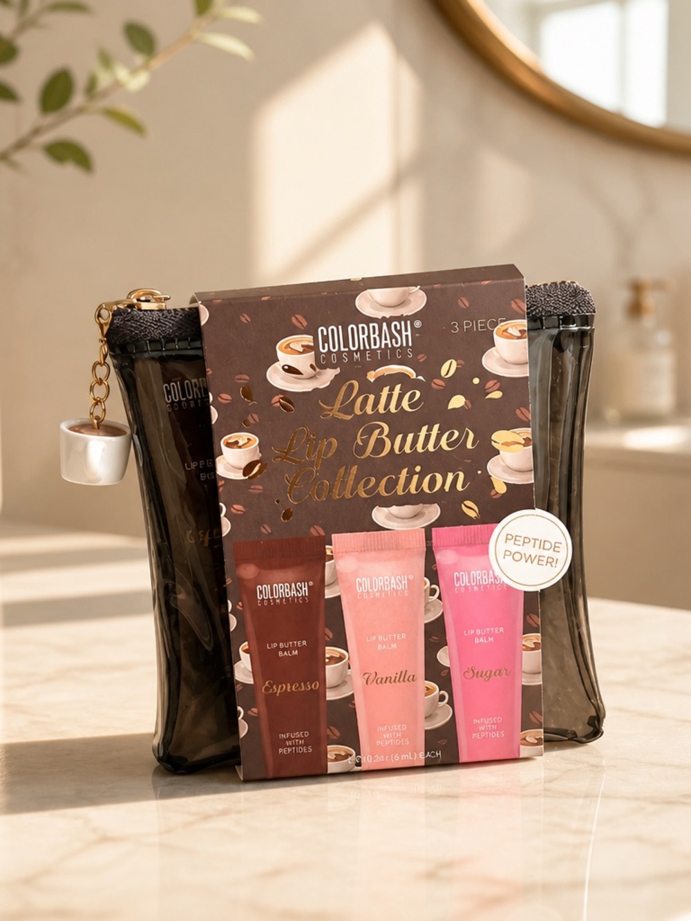 ColorBash Latte Lip Butter 3-Piece Set + Cosmetic Pouch Coffee Charm